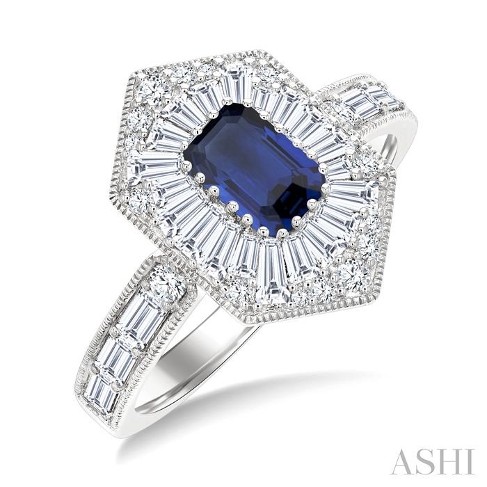 Emerald Shape Art Deco Gemstone & Halo Diamond Fashion Ring