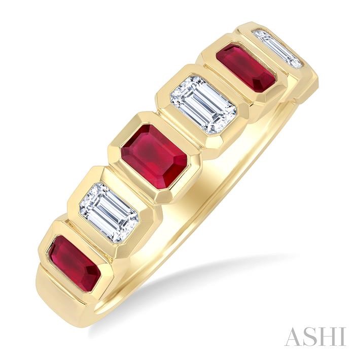 7 Alternate Emerald Shape Gemstone & Diamond Fashion Band