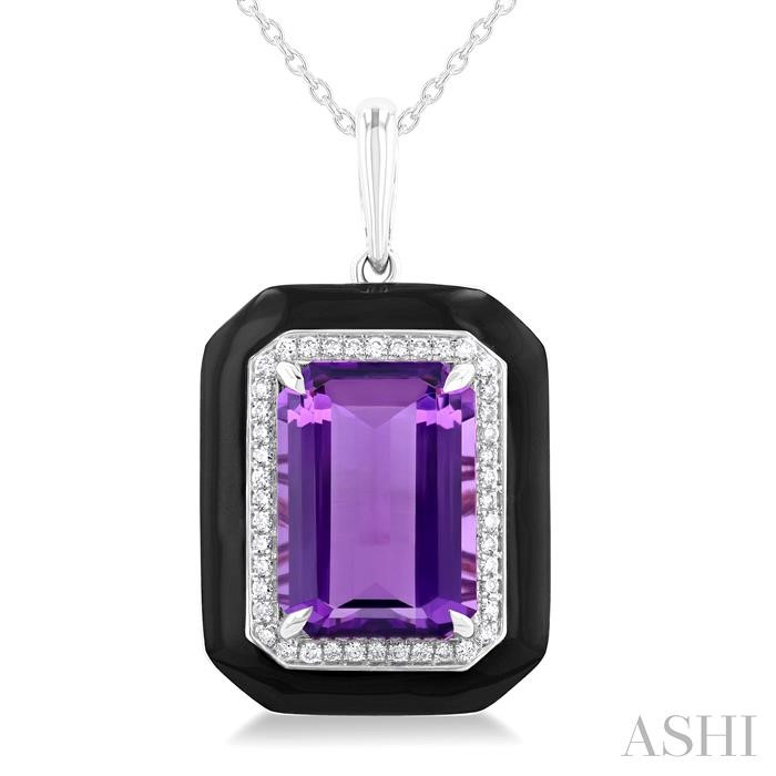 Emerald Shape Paperclip Black Enamel Gemstone & Halo Diamond Pendant View 3