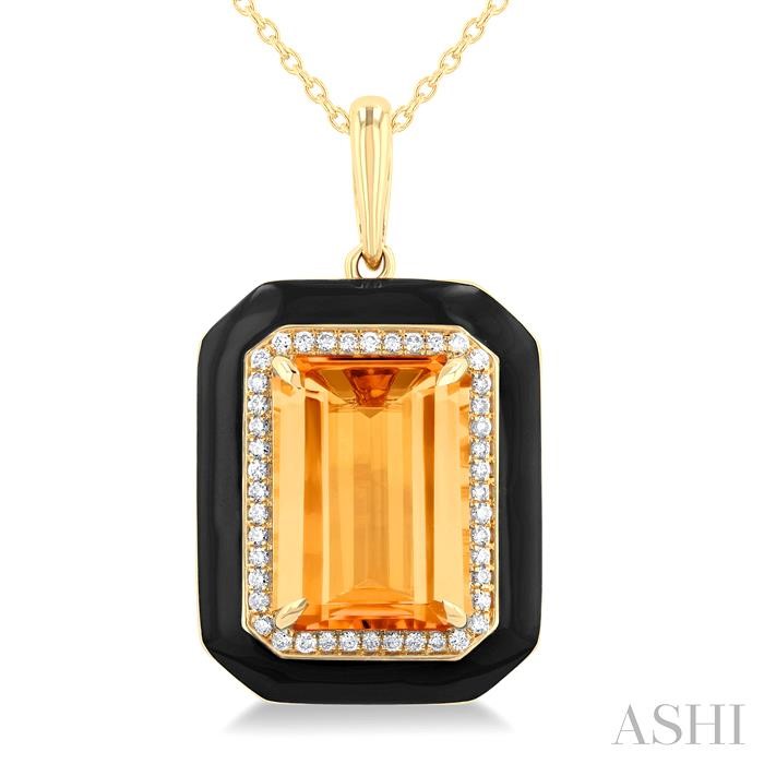 Emerald Shape Paperclip Black Enamel Gemstone & Halo Diamond Pendant View 3